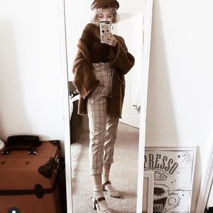 Plaid Almond colored paper bag trousers pants
